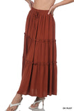 Plus Boho Elastic Drawstring Waist Tiered Ruffle A-Line Woven Maxi Skirt