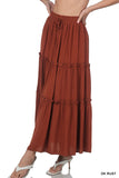 Women Boho Elastic Drawstring Waist Tiered Ruffle A-Line Woven Maxi Skirt
