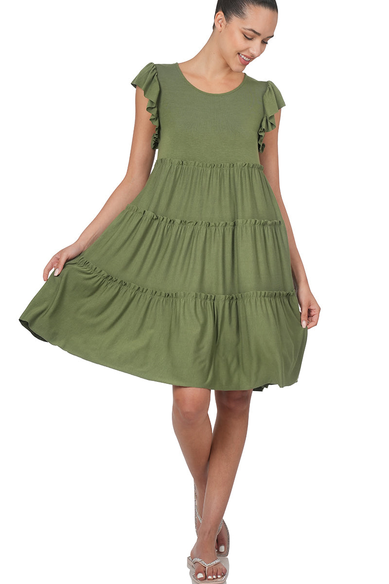 Women Ruffle Sleeve Tiered Midi A-Line Swing Summer Knee Length