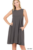 Women Sleeveless Jersey Flared Swing Tank Dress with Side Pockets