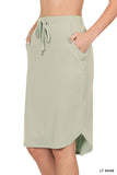 Plus Size Elastic Waist Self-Tie Knee Length Tulip Hem Midi Skirt with Side Pockets