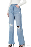 Women's High Rise Destroyed  Raw Hem Straight Leg Denim Pants