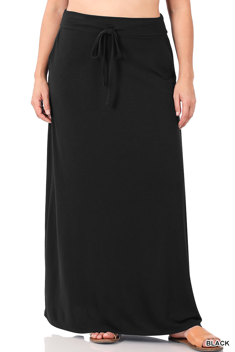 Women Relaxed Drawstring Waist Draped Basic Maxi Skirts with Side Pockets