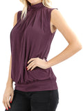 Plus Sleeveless Mockneck Turtleneck Pleated Blouse Top with Waistband