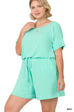 Plus Size Short Sleeve Romper with Elastic Waist & Keyhole Back Summer Loungewear