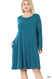 Plus Size Long Sleeve Jersey Flared Swing T-Shirt Tunic Dress with Side Pockets