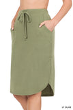 Plus Size Elastic Waist Self-Tie Knee Length Tulip Hem Midi Skirt with Side Pockets