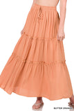 Women Boho Elastic Drawstring Waist Tiered Ruffle A-Line Woven Maxi Skirt