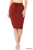 Women Elastic Waist Self-Tie Knee Length Tulip Hem Midi Skirt with Side Pockets