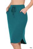 Plus Size Elastic Waist Self-Tie Knee Length Tulip Hem Midi Skirt with Side Pockets