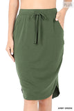 Plus Size Elastic Waist Self-Tie Knee Length Tulip Hem Midi Skirt with Side Pockets