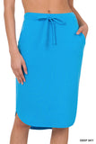 Plus Size Elastic Waist Self-Tie Knee Length Tulip Hem Midi Skirt with Side Pockets