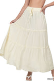 Women Boho Elastic Drawstring Waist Tiered Ruffle A-Line Woven Maxi Skirt