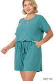 Plus Size Short Sleeve Romper with Elastic Waist & Keyhole Back Summer Loungewear