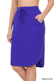 Plus Size Elastic Waist Self-Tie Knee Length Tulip Hem Midi Skirt with Side Pockets