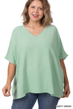 Plus Size V Neck Woven Airflow Dolman Short Sleeve Blouse Top with Front Pocket and Relaxed Fit