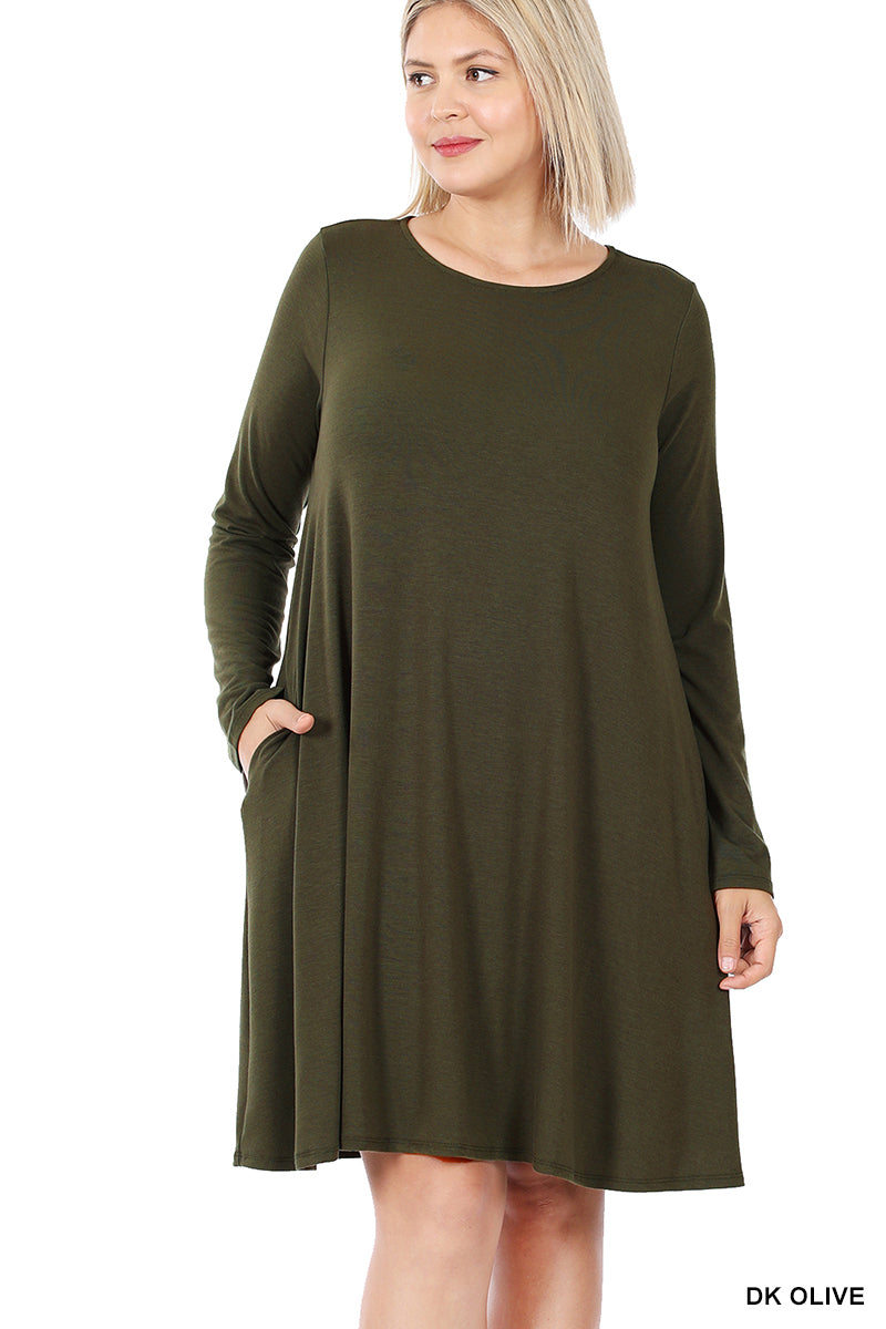 Women Long Sleeve Jersey Flared Swing T-Shirt Tunic Dress with Side Pockets