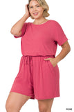 Plus Size Short Sleeve Romper with Elastic Waist & Keyhole Back Summer Loungewear