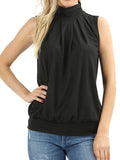 Women Sleeveless Mock-TurtleNeck Pleated Blouse Top with Waistband