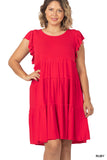 Plus Size Ruffle Sleeve Tiered A-Line Swing Summer Knee Length Midi Dress