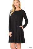 Plus Size Long Sleeve Jersey Flared Swing T-Shirt Tunic Dress with Side Pockets