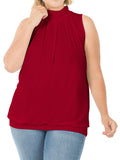 Plus Sleeveless Mockneck Turtleneck Pleated Blouse Top with Waistband