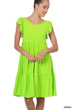 Women Ruffle Sleeve Tiered Midi A-Line Swing Summer Knee Length Dress