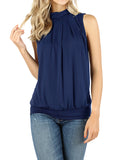 Women Sleeveless Mock-TurtleNeck Pleated Blouse Top with Waistband