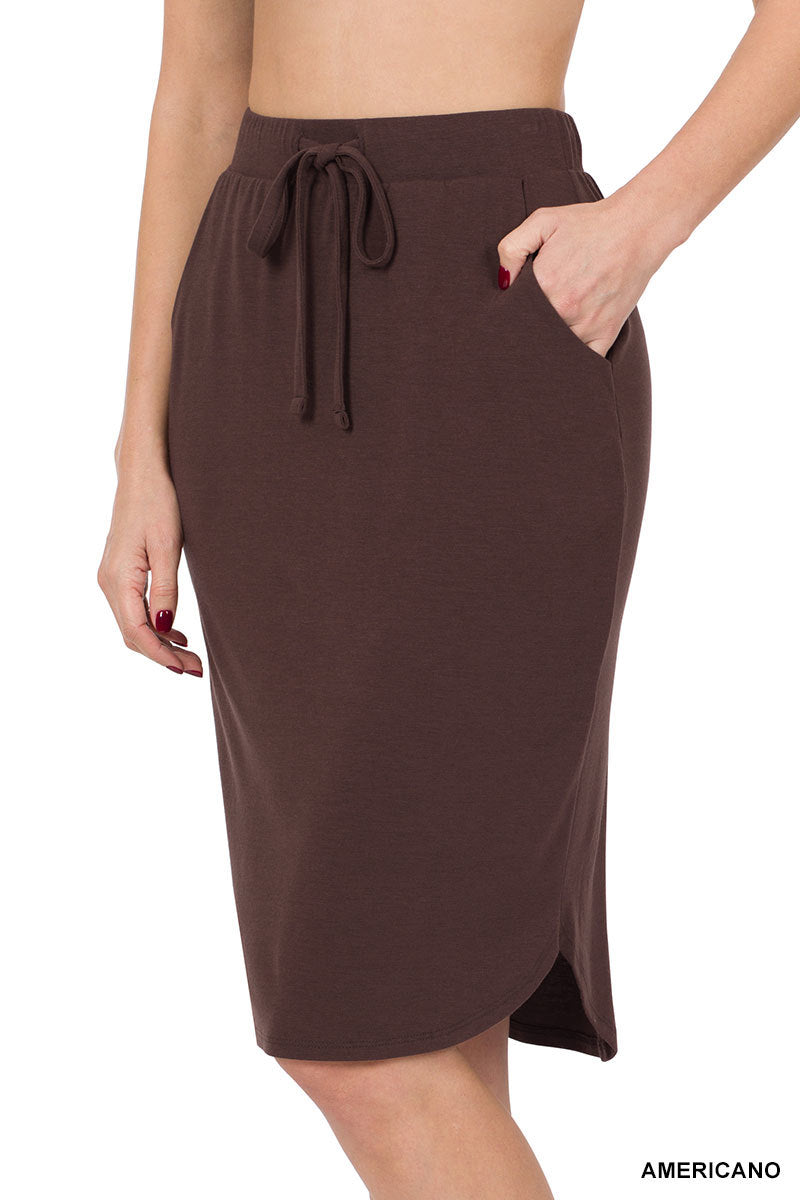 Women Elastic Waist Self-Tie Knee Length Tulip Hem Midi Skirt with Side Pockets