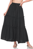 Women Boho Elastic Drawstring Waist Tiered Ruffle A-Line Woven Maxi Skirt