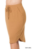 Plus Size Elastic Waist Self-Tie Knee Length Tulip Hem Midi Skirt with Side Pockets