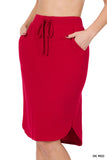 Plus Size Elastic Waist Self-Tie Knee Length Tulip Hem Midi Skirt with Side Pockets