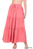 Women Boho Elastic Drawstring Waist Tiered Ruffle A-Line Woven Maxi Skirt