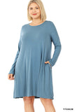 Plus Size Long Sleeve Jersey Flared Swing T-Shirt Tunic Dress with Side Pockets