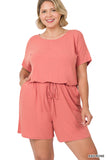 Plus Size Short Sleeve Romper with Elastic Waist & Keyhole Back Summer Loungewear