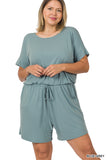 Plus Size Short Sleeve Romper with Elastic Waist & Keyhole Back Summer Loungewear