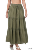 Women Boho Elastic Drawstring Waist Tiered Ruffle A-Line Woven Maxi Skirt