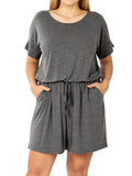 Plus Size Short Sleeve Romper with Elastic Waist & Keyhole Back Summer Loungewear