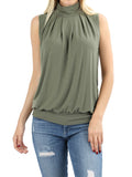 Women Sleeveless Mock-TurtleNeck Pleated Blouse Top with Waistband