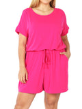 Plus Size Short Sleeve Romper with Elastic Waist & Keyhole Back Summer Loungewear